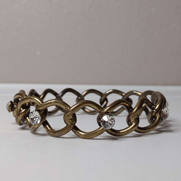 Vintage Gold Tone Metal And Clear Rhinestone Bangle - Picture 1 of 12